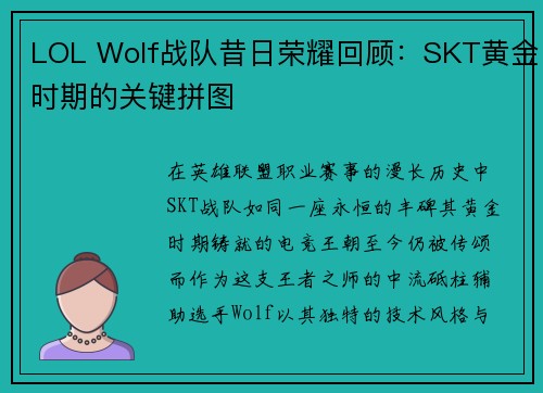 LOL Wolf战队昔日荣耀回顾：SKT黄金时期的关键拼图