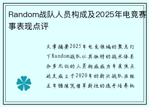 Random战队人员构成及2025年电竞赛事表现点评