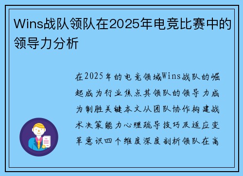 Wins战队领队在2025年电竞比赛中的领导力分析